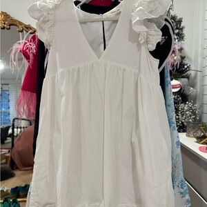 White Ruffled Sleeveless Romper Dress with V Neck